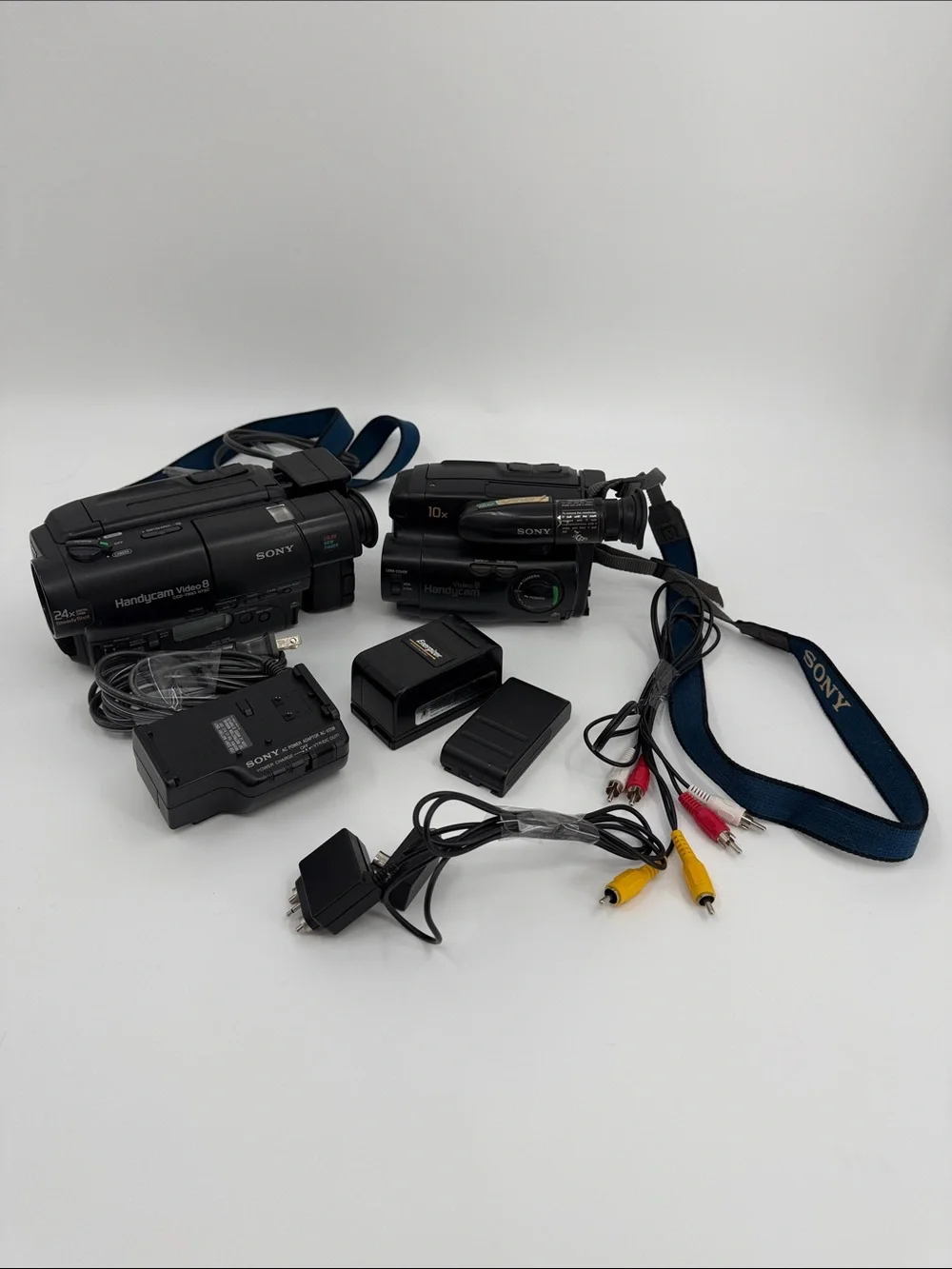 2 Sony Black Video Camcorder Kit with Blue Strap and AV Cables Not Tested